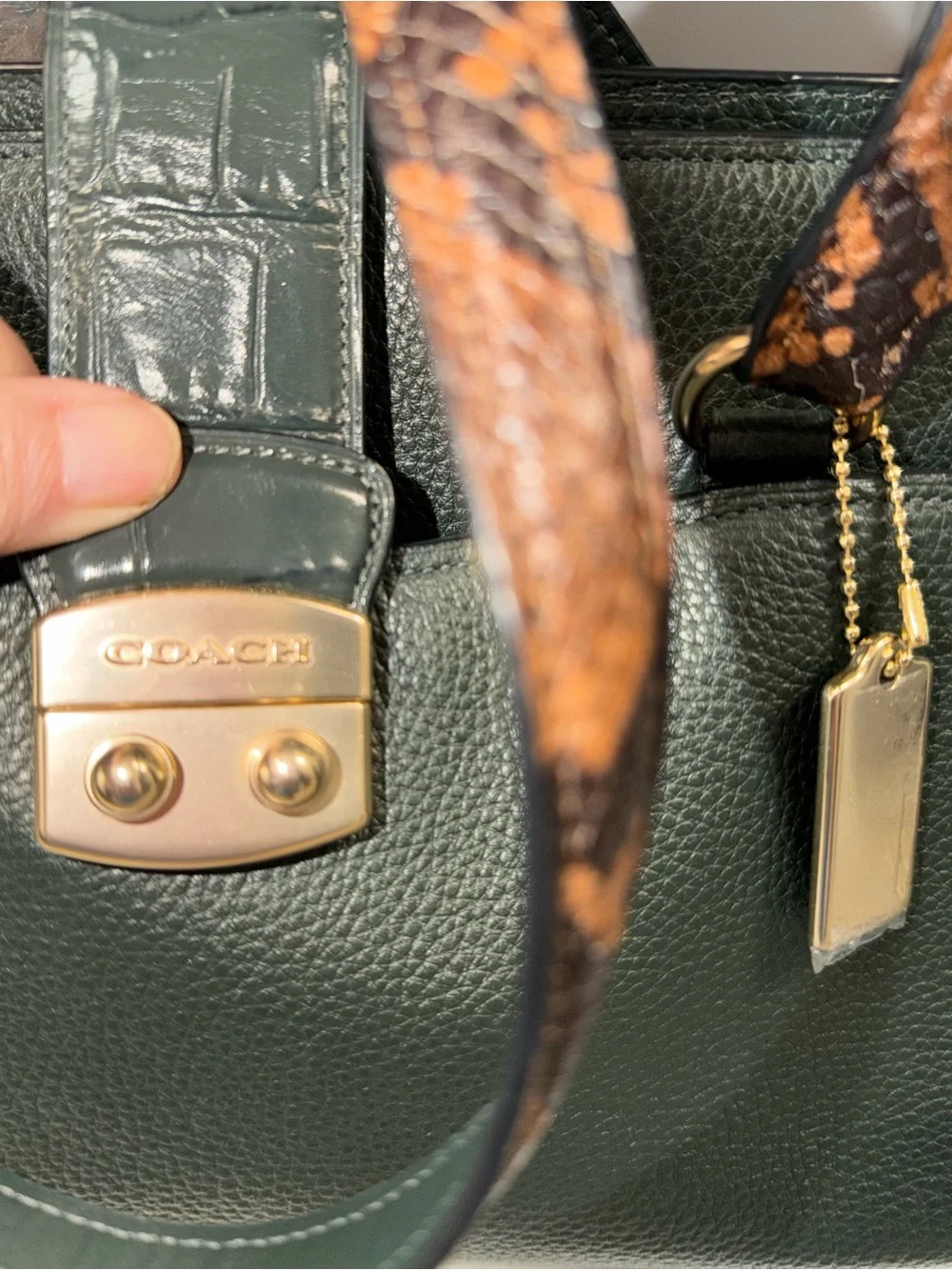 Coach Forest Green Pebbled Leather Satchel with Snake-Print Straps